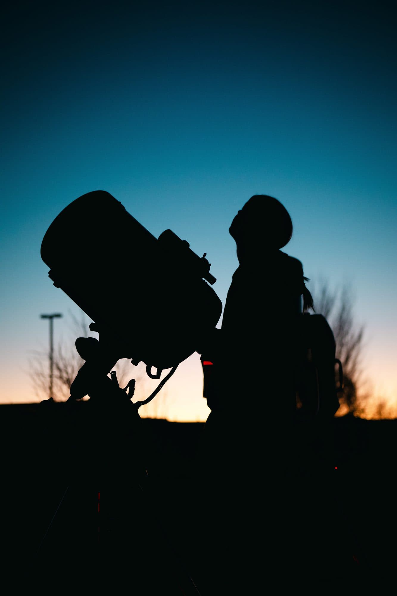 A guest at the eyepiece, silhouetted with a telescope against the last light of dusk